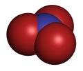 Nitrate anion, chemical structure. 3D rendering. Atoms are represented as spheres with conventional color coding: nitrogen (blue