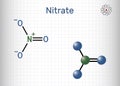 Nitrate anion molecule. Nitric acid salts containing this ion are called nitrates. Structural chemical formula and molecule model