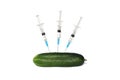 A green cucumber was pricked with a syringe on a white isolated background.