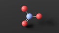 nitrate molecule, molecular structure, polyatomic ion, ball and stick 3d model, structural chemical formula with colored atoms