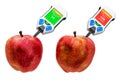 Nitrate testers with apples. Measurement of nitrate levels in apples, normal range and higher than norm. 3D rendering