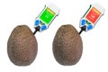 Nitrate testers with avocados. Measurement of nitrate levels in avocados, normal range and higher than norm. 3D rendering