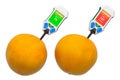 Nitrate testers with grapefruits. Measurement of nitrate levels in grapefruits, normal range and higher than norm. 3D rendering