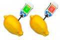 Nitrate testers with lemons. Measurement of nitrate levels in lemons, normal range and higher than norm. 3D rendering