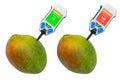 Nitrate testers with mangos. Measurement of nitrate levels in mangos, normal range and higher than norm. 3D rendering