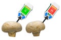 Nitrate testers with mushrooms. Measurement of nitrate levels in mushrooms, normal range and higher than norm. 3D rendering