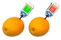 Nitrate testers with oranges. Measurement of nitrate levels in oranges, normal range and higher than norm. 3D rendering
