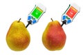 Nitrate testers with pears. Measurement of nitrate levels in pears, normal range and higher than norm. 3D rendering