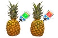 Nitrate testers with pineapples. Measurement of nitrate levels in pineapples, normal range and higher than norm. 3D rendering