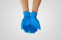 Nitrile glove. Medic`s hands blue, covid. Art with nands