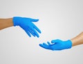 Nitrile glove. Medic`s hands blue, covid,