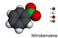 Nitrobenzene molecule. It is used in the manufacture of aniline, dyes, drugs, pesticides, and synthetic rubber Molecular model. 3D