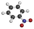 Nitrobenzene solvent molecule. 3D rendering. Atoms are represented as spheres with conventional color coding: hydrogen white,.