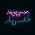 Nitrofurantoin antibiotic chemical formula and composition, concept structural drug, isolated on black background, neon style