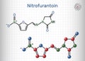Nitrofurantoin molecule. It is nitrofuran antibiotic used to treat urinary tract infections. Structural chemical formula