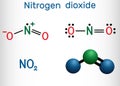 Nitrogen dioxide, NO2 molecule. Structural chemical formula and molecule model