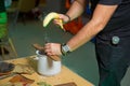 Nitrogen frozen bananas. Submerse a banana in liquid nitrogen -320 F and notice how cold it becomes. You can hammer a nail into Royalty Free Stock Photo