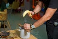 Nitrogen frozen bananas. Submerse a banana in liquid nitrogen -320 F and notice how cold it becomes. You can hammer a nail into Royalty Free Stock Photo