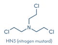 Nitrogen mustard HN-3 molecule. Used as blister agent chemical warfare agent and anticancer drug. Skeletal formula.