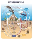 Nitrogen or N2 cycle with sources and circulation in earth outline diagram Royalty Free Stock Photo