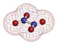 Nitrogen tetroxide (dinitrogen tetroxide, N2O4) rocket propellant molecule. 3D rendering. Atoms are represented as spheres with