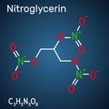 Nitroglycerin, glyceryl trinitrate, nitro molecule, is drug and explosive. Structural chemical formula on the dark blue background