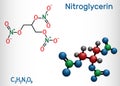 Nitroglycerin, glyceryl trinitrate, nitro molecule, is drug and explosive. Structural chemical formula and molecule model