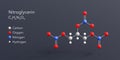 nitroglycerin molecule 3d rendering, flat molecular structure with chemical formula and atoms color coding