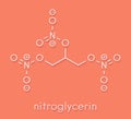 Nitroglycerin nitro, glyceryl trinitrate drug and explosive molecule. Skeletal formula.