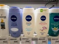 Nivea logo on some of their shampoo and shower gel bottles for sale. Royalty Free Stock Photo