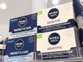 Nivea men sensitive and protect care creams on display in store Royalty Free Stock Photo