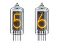 Nixie tube indicator isolated on white. Number 5 five and 6 six