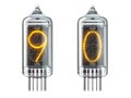 Nixie tube indicator isolated on white. Number 9 nine and 0 zero