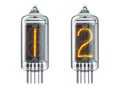 Nixie tube indicator isolated on white. Number 1 one and 2 two