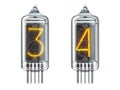 Nixie tube indicator isolated on white. Number 3 three and 4 four