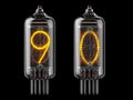 Nixie tube indicator. Number 9 nine and 0 zero on black background