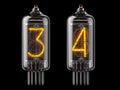 Nixie tube indicator. Number 3 three and 4 four on black background