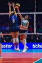 Nizetich Paula Yamila smashes on Orro Ales, Italian player in action at Women volleyball championship 2022 at Ahoy arena Rotterdam