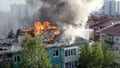 Nizhnevartovsk, Russia - July 1, 2019: firefighters extinguish a fire on the roof of a residential high-rise building