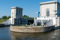 Nizhny Novgorod region, Russia, July 6, 2023. View of the technical buildings of the river lock.