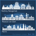 Nizhny Novgorod, Rostov, Perm City skyline set. Russia. Vector silhouette on blue.