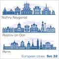 Nizhny Novgorod, Rostov, Perm City skyline set. Russia. Vector silhouette on white.