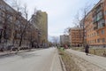 Nizhny Novgorod, Russia. - April 28.2018. Hasty repairs and painting of the facades of buildings near the football