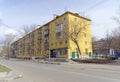 Nizhny Novgorod, Russia. - April 28.2018. Hasty repairs and painting of the facades of buildings near the football