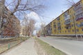 Nizhny Novgorod, Russia. - April 28.2018. Hasty repairs and painting of the facades of buildings near the football