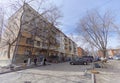 Nizhny Novgorod, Russia. - April 28.2018. Hasty repairs and painting of the facades of buildings near the football