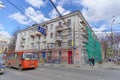 Nizhny Novgorod, Russia. - April 27.2018. Hasty repairs and painting of the facades of buildings near the football stadium on Mura