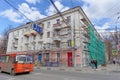 Nizhny Novgorod, Russia. - April 27.2018. Hasty repairs and painting of the facades of buildings near the football stadium on Mura