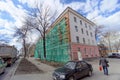 Nizhny Novgorod, Russia. - April 27.2018. Hasty repairs and painting of the facades of buildings near the football stadium on Mura