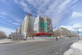 Nizhny Novgorod, Russia. - April 27.2018. Hasty repairs and painting of the facades of buildings near the football stadium on Sovn